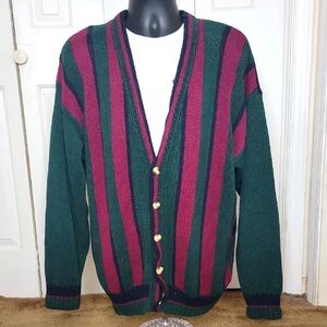 Sears Roebuck Grandpa, Cardigan Sweater Size XL Striped Green, Blue. Red Vintage